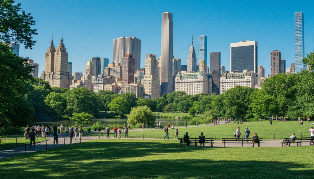 A breathtaking view of Central Park in New York City, showcasing the lush greenery of the park in the foreground with vibrant trees and manicured lawns. In the middle ground, capture families and individuals enjoying leisure activities—walking, jogging, and relaxing on benches—dressed in casual yet modest clothing. The iconic skyline of New York, highlighted by skyscrapers with glass facades and varying architectural styles, looms majestically in the background, under a clear blue sky. Use cinematic lighting to create soft shadows and enhance the textures of the foliage and buildings. Aim for a wide-angle perspective to capture the expansive feel of both the park and the skyline, all in stunning 8k resolution for a highly detailed and immersive experience. The overall mood is serene and inviting, emphasizing the harmony between nature and urban life.