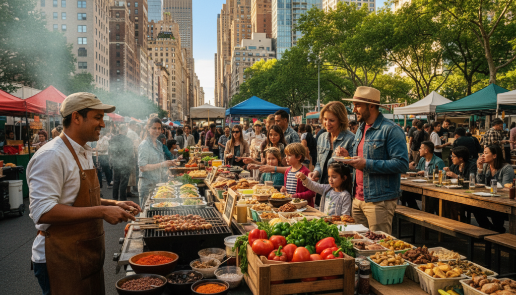 A bustling NYC food market scene capturing vibrant culinary experiences. In the foreground, a lively street vendor cooking gourmet food on a grill, surrounded by colorful produce and aromatic spices. The vendor wears a classic apron and cap, engaging with diverse customers, including families and tourists, dressed in casual but stylish clothing. In the middle ground, food stalls display an array of international delicacies, with people sampling dishes and chatting. The background features urban elements like towering skyscrapers and green park spaces under a bright, clear sky. Use cinematic lighting for a warm, inviting atmosphere, enhancing the textures of the food and surroundings. Captured in 8k resolution to highlight the vivid colors and details, with a shallow depth of field focusing on the vendor and food displays, creating an intimate yet bustling scene.