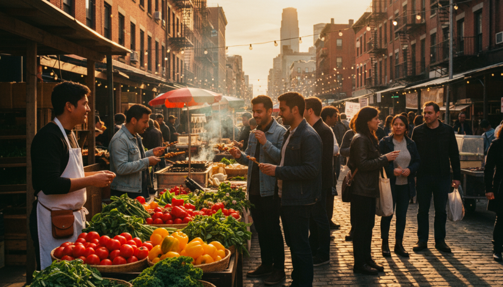 A bustling food market scene in New York City, capturing a vibrant atmosphere filled with diverse stalls and colorful produce. In the foreground, a vendor wearing a crisp apron offers fresh fruits and vegetables, with beautifully arranged displays showcasing tomatoes, peppers, and herbs. In the middle ground, groups of people of various ethnicities explore the market, interacting and sampling food, dressed in casual yet stylish outfits. The background features iconic NYC elements like brick buildings and a glimpse of the skyline, all illuminated by warm, cinematic lighting at golden hour. The image is highly detailed, showcasing intricate textures of food and the lively interactions of shoppers, rendered in stunning 8k resolution.