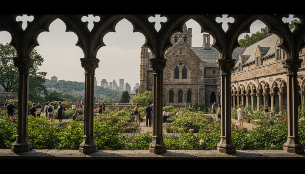 A serene view of The Cloisters, the medieval art museum in Fort Tryon Park, New York City, under soft afternoon light. In the foreground, ornate stone arches adorned with intricate carvings frame the scene, showcasing vibrant greenery and seasonal flowers in bloom. The middle ground features the museum's architecturally stunning building, with rustic stone walls, quaint towers, and gracefully arched windows, while visitors in modest casual clothing explore the garden pathways, engaging with the rich history surrounding them. The background reveals a picturesque landscape of wooded hills and the distant skyline of Manhattan, creating a harmonious blend of nature and architecture. Capture this image with a wide-angle lens to emphasize the expanse, showcasing highly detailed textures in 8k resolution, evoking a tranquil and contemplative atmosphere.