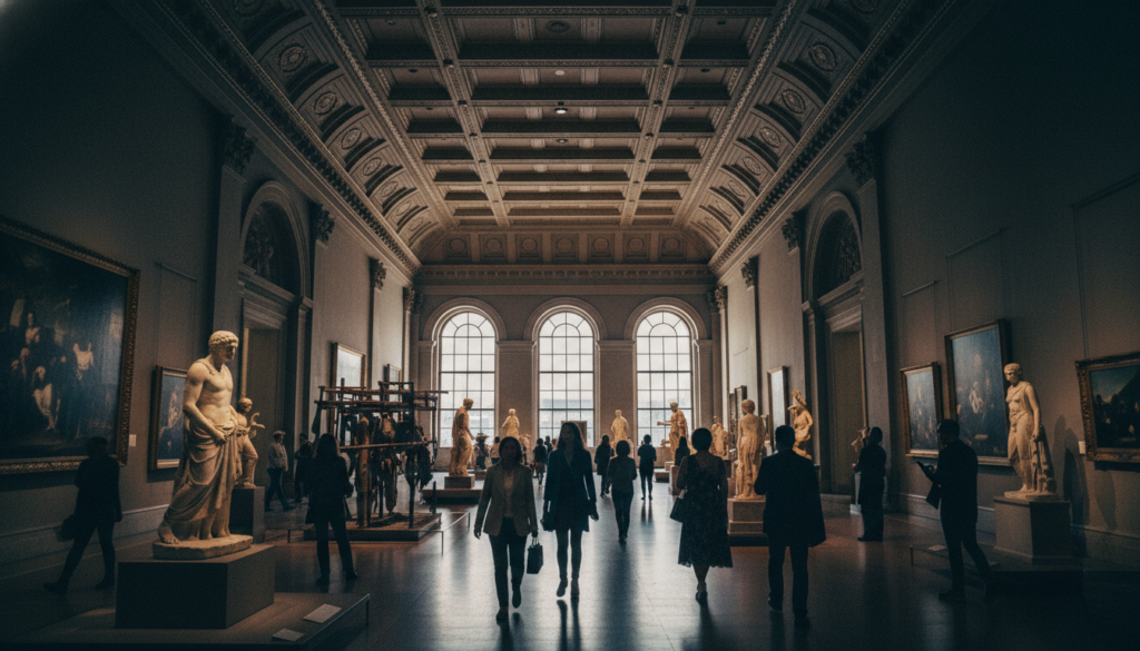 A stunning interior view of the Metropolitan Museum of Art gallery in NYC, capturing the grandeur of its high ceilings and intricate architectural details. In the foreground, elegantly arranged sculptures and contemporary art pieces draw the eye. The middle ground features visitors, dressed in professional and casual attire, admiring the diverse artworks. In the background, large windows allow soft, natural light to filter in, illuminating the gallery's detailed textures and rich color palettes. The atmosphere is one of awe and appreciation, with warm, cinematic lighting enhancing the allure of the space. The composition is framed using a wide-angle lens, providing a sense of depth and inviting viewers into this world-class museum experience. The image is in 8k resolution, showcasing every detail beautifully.