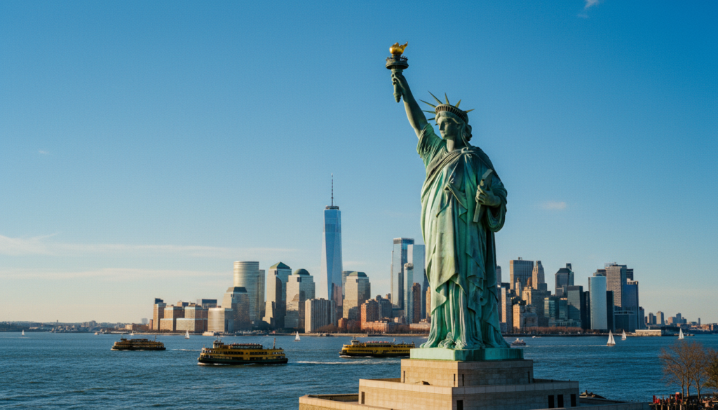 A stunning raw photograph of the Statue of Liberty, capturing the iconic monument as it stands majestically on Liberty Island. In the foreground, the statue is bathed in warm, golden sunlight, highlighting its rich green patina and intricate details. In the middle ground, vibrant boats and ferries navigate the waters of New York Harbor, conveying a sense of activity and life. The background features the breathtaking NYC skyline, with skyscrapers like One World Trade Center towering against a clear blue sky. The composition is framed from a low angle, emphasizing the monument's grandeur. The overall mood is inspiring and adventurous, with cinematic lighting and highly detailed textures, rendered in sharp 8k resolution.