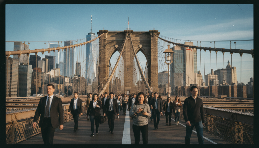 A stunning view of the Brooklyn Bridge bustling with pedestrians enjoying a leisurely walk, capturing the essence of the iconic structure with highly detailed textures. In the foreground, people dressed in professional business attire and modest casual clothing stroll along the bridge, some taking photos. The middle ground features the elegant arches and cables of the bridge, with the vibrant skyline of Manhattan rising majestically in the background. The skyscrapers are bathed in warm, cinematic lighting under a clear blue sky, creating a lively atmosphere. The scene is captured in 8k resolution, emphasizing the intricate details of the bridge and the city. The perspective showcases a dynamic angle, drawing the viewer's eye towards the skyline, conveying a sense of adventure and exploration.