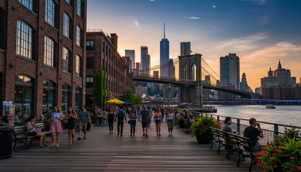 A stunning view of the Dumbo Brooklyn waterfront, showcasing the iconic Manhattan skyline in the background. In the foreground, include a vibrant boardwalk with people enjoying a sunny day, some relaxing on benches while others stroll leisurely. The middle ground features the historic warehouses converted into chic cafés and boutiques, surrounded by lush greenery. The Brooklyn Bridge arches gracefully overhead, connecting the two boroughs. Utilize warm, golden-hour lighting to create a welcoming atmosphere, with soft shadows emphasizing the textures of the brick buildings. The scene should evoke a sense of community and leisure, captured in a highly detailed 8k resolution with cinematic depth and clarity.