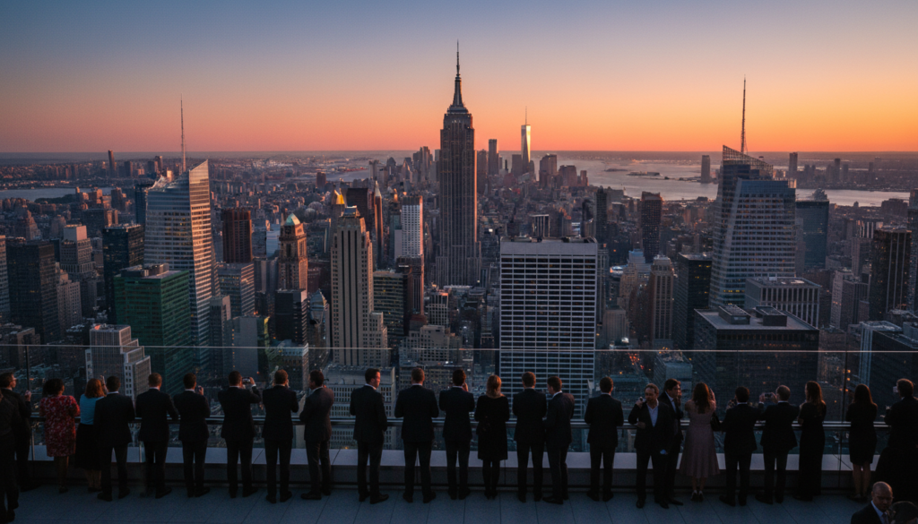 A stunning view of the New York City skyline, showcasing iconic landmarks like the Empire State Building, One World Trade Center, and the Chrysler Building. In the foreground, a bustling observation deck filled with diverse visitors in professional business attire, admiring the panoramic cityscape. The middle ground features a vibrant cityscape with skyscrapers reflecting the golden light of the setting sun, creating a warm, inviting atmosphere. The background reveals a clear blue sky transitioning into hues of orange and pink as dusk approaches, enhancing the city's vibrant energy. Capture this scene with a cinematic perspective, utilizing rich textures and sharp details in 8k resolution to convey the grandeur of NYC's architectural marvels.
