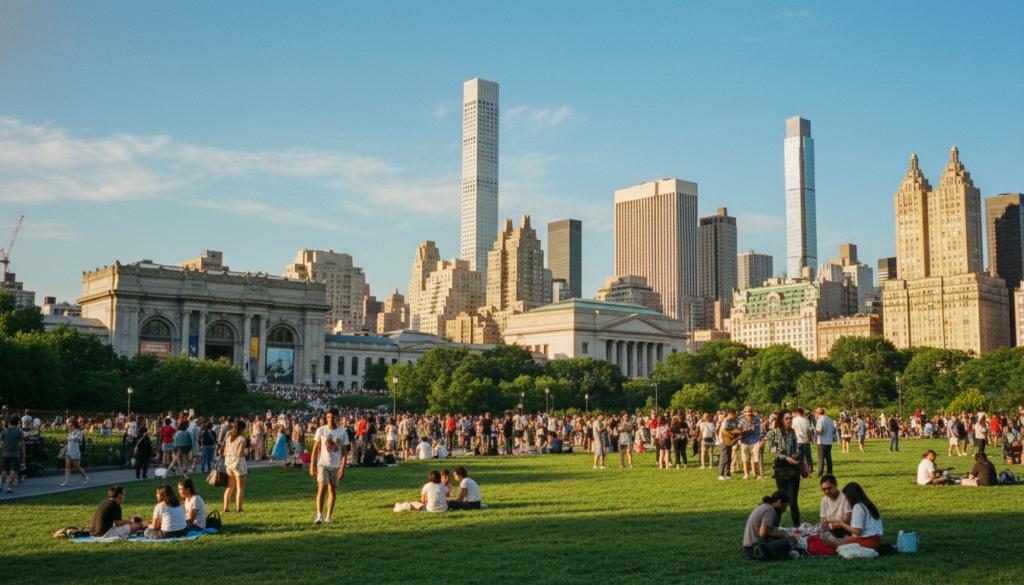 A vibrant cityscape showcasing a diverse range of free activities in New York City, featuring lush, green Central Park in the foreground with people strolling, jogging, and picnicking on the grass, dressed in casual attire. In the middle, iconic museums like the Metropolitan Museum of Art and the American Museum of Natural History, captured with intricate architectural details, surrounded by visitors appreciating the exterior. In the background, the majestic skyline of Manhattan under a bright blue sky, highlighting the energy and charm of the city. The scene is bathed in warm, cinematic lighting that enhances the inviting atmosphere, with richly detailed textures, in stunning 8k resolution, projecting a sense of joy and exploration.