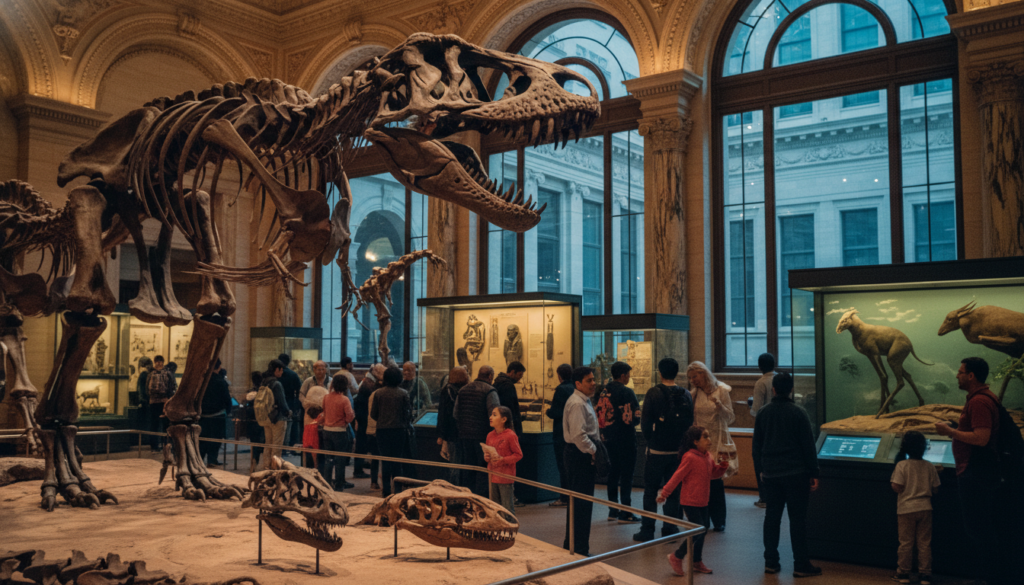 A vibrant interior view of the American Museum of Natural History in NYC, showcasing several iconic exhibits. In the foreground, a detailed display of dinosaur skeletons illuminated by soft, warm lighting, capturing the textures of the bones. In the middle ground, visitors of diverse backgrounds and ages, dressed in modest casual attire, marvel at interactive exhibits about ancient civilizations and wildlife. The background features large windows allowing natural light to flood in, framing the ornate architecture of the museum. The atmosphere is one of curiosity and wonder, highlighting the museum's role as a cultural institution. Shot as a raw photograph in 8k resolution with cinematic lighting, emphasizing the rich details and vibrant colors of the exhibits.