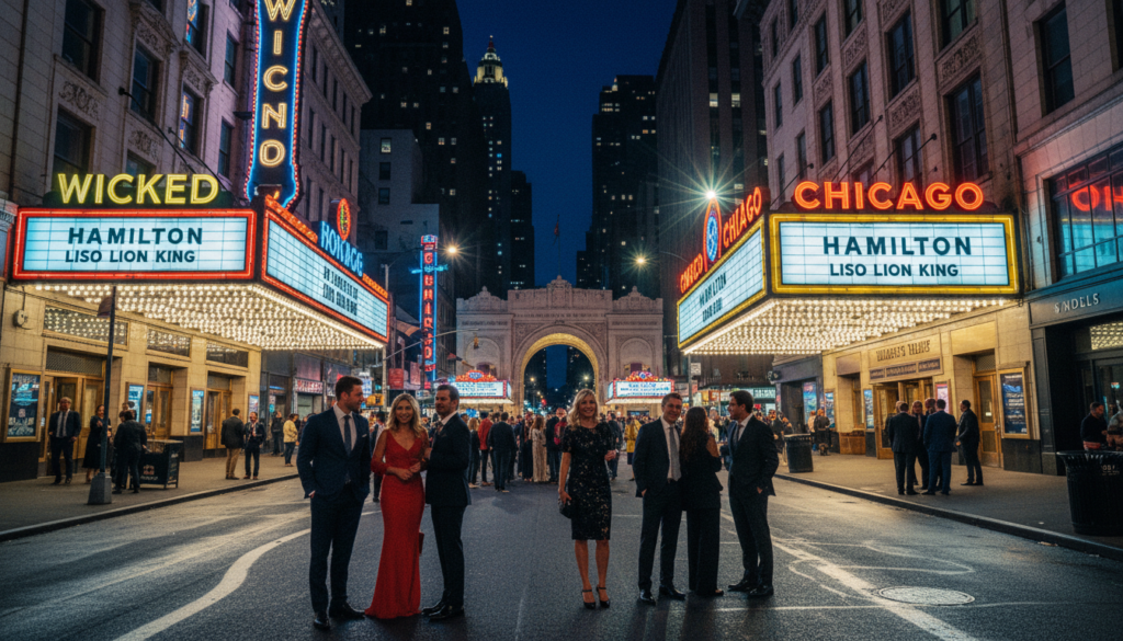 A vibrant night scene in New York City's Theatre District, showcasing iconic Broadway show buildings illuminated by dazzling marquee lights and neon signs. The foreground features elegantly dressed theatergoers in professional attire, eagerly chatting and taking photos. In the middle ground, the entrance to a renowned theater is bustling with activity, as patrons gather excitedly. In the background, the towering skyscrapers of Manhattan stand majestically under a starlit sky. The photo captures the cinematic glow of streetlights reflecting off wet pavement, creating a festive atmosphere. Shot from a low angle to emphasize the grandeur of the theaters, this highly detailed 8k resolution image evokes the excitement and magic of Broadway at night, complete with intricate textures and a lively ambiance, inviting viewers to experience the thrill of NYC’s entertainment hub.
