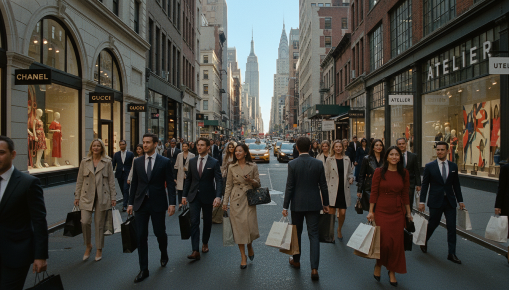 A vibrant scene capturing the essence of shopping along Fifth Avenue and SoHo in New York City. In the foreground, a diverse group of elegantly dressed individuals carrying shopping bags showcases the excitement of retail therapy, all wearing stylish professional attire. The middle ground features iconic storefronts like high-end boutiques and trendy shops, adorned with colorful window displays that catch the eye. The background reveals the famous New York City skyline under a bright blue sky, with sunlight streaming through, creating a warm, inviting atmosphere. Capture this lively scene with cinematic lighting, showcasing highly detailed textures and reflections, in stunning 8k resolution.