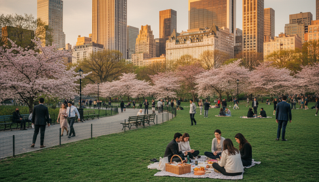 A vibrant scene of Central Park, NYC, showcasing lush green lawns and blooming trees in the foreground, dotted with people enjoying leisurely activities in professional attire and modest casual clothing. The middle ground features park benches, winding paths, and families picnicking. In the background, the iconic skyline of New York City rises majestically, with skyscrapers glistening in the sunlight. The image captures a warm, inviting atmosphere, bathed in soft, golden hour lighting that enhances the textures of the landscape and buildings. Shot with a wide-angle lens at eye level, this raw photograph reflects the beauty of nature intermingling with urban life, all in stunning 8k resolution for a highly detailed representation.