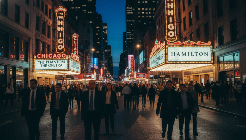 A vibrant scene of the Broadway Theatre District in New York City at night, showcasing the dazzling lights and colorful marquees of iconic theaters. In the foreground, capture a bustling street with pedestrians in professional business attire and modest casual clothing, captured in mid-walk, blending excitement and anticipation. The middle ground features the illuminated façades of famous theaters, each marquee lit up, displaying their show titles against the deep blue night sky. The background showcases tall, historic buildings framed by a backdrop of sparkling city lights. Utilize cinematic lighting to enhance textures and reflections, giving a sense of dynamic energy. Focus on a wide-angle shot to encompass the grandeur and liveliness of this iconic entertainment hub, rendered in 8k resolution for striking clarity and detail.