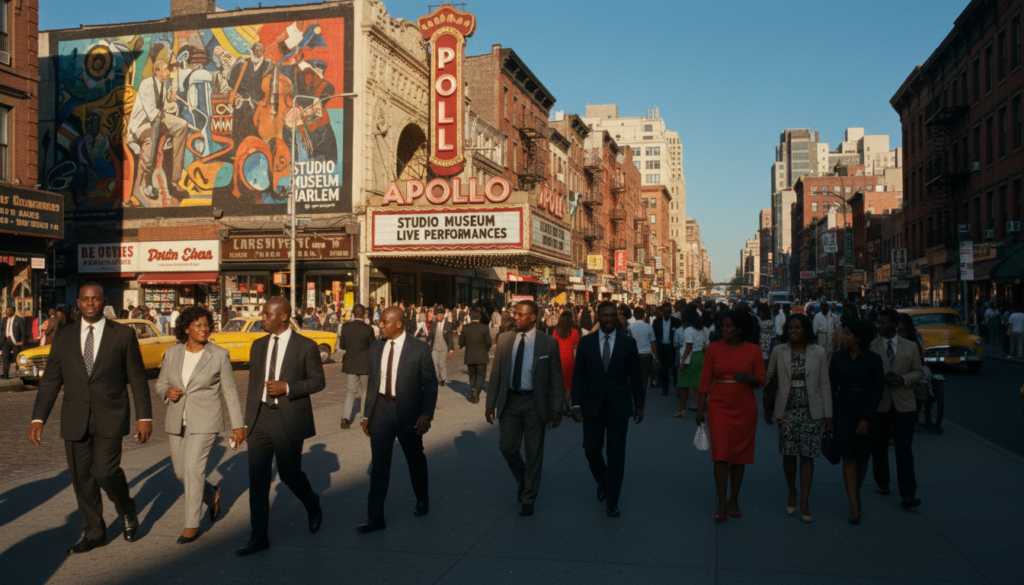 A vibrant streetscape of Harlem, New York City, showcasing iconic cultural landmarks like the Apollo Theater and the Studio Museum, bustling with life. In the foreground, people dressed in professional business attire and modest casual clothing stroll along the sidewalk, embodying the neighborhood’s rich cultural diversity. The middle ground features historic brownstones and lively storefronts, adorned with colorful murals reflecting the artistic spirit of the area. The background captures a stunning skyline with hints of modern architecture juxtaposed with historical buildings under a clear blue sky. The scene is bathed in warm, cinematic lighting, emphasizing the texture of the brick facades and the energy of the streets, crafted in high detail for an immersive experience at 8k resolution.