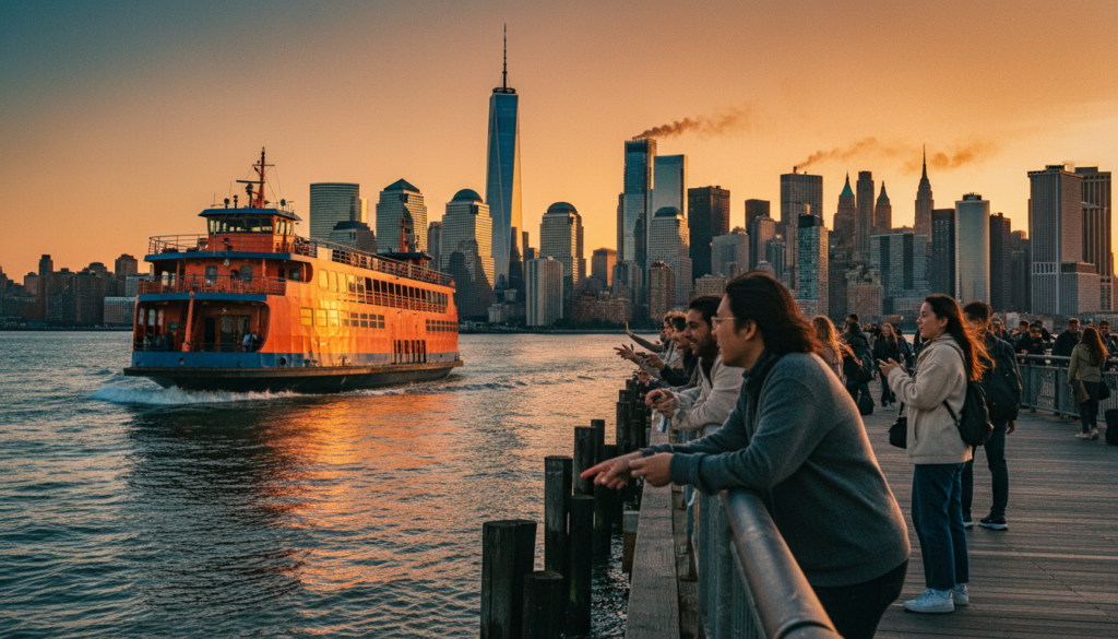 A vivid portrayal of the Staten Island Ferry navigating through the water, with the iconic New York City skyline in the background. In the foreground, capture the vibrant colors of the ferry contrasting against the reflective water surface. The middle ground features a bustling waterfront with people enjoying the scenery, dressed in casual yet modest attire, taking in the fresh air. The background showcases the towering skyscrapers of Manhattan, illuminated by warm sunset lighting that casts a golden hue over the scene. Utilize a wide-angle lens for a dynamic perspective that emphasizes the magnificent skyline. The atmosphere should be lively and inviting, perfect for illustrating the thrill of river and waterfront activities. The image should be raw photography quality, rich in detail, with textures sharpened and rendered in 8k resolution, evoking a sense of wonder and adventure.