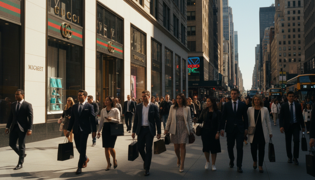 Fifth Avenue in New York City, showcasing flagship stores like Gucci, Louis Vuitton, and Tiffany & Co. in vibrant storefronts. In the foreground, a diverse group of shoppers, dressed in professional business attire and stylish casual wear, perusing the shops with excitement. The middle ground features elegantly designed storefronts, adorned with large windows reflecting the bustling city life. In the background, iconic skyscrapers tower against a clear blue sky, with bright sunlight illuminating the scene, creating a warm, inviting atmosphere. Cinematic lighting enhances the rich textures of the buildings and displays, while the image is captured in a raw photograph style, rendered in stunning 8k resolution. The scene conveys a sense of luxury and excitement, perfect for an article on shopping and retail destinations.