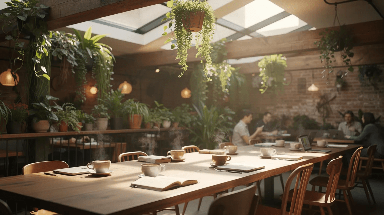 The image depicts a vibrant Brooklyn coffee shop filled with lush plants and natural light streaming through skylights. A long communal table is adorned with coffee cups, inviting patrons to enjoy their drinks in this cozy and welcoming atmosphere.