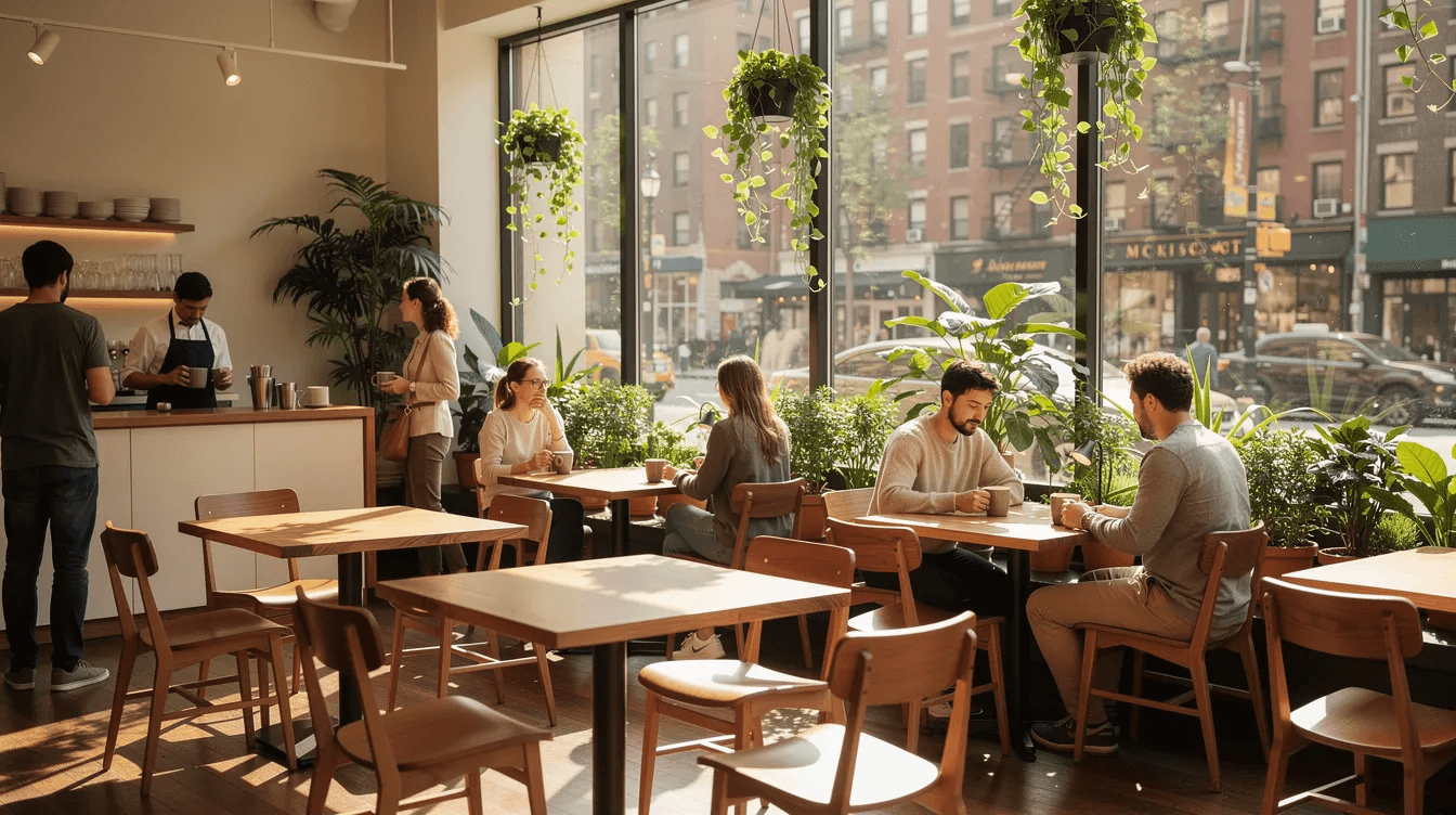 A bright and inviting coffee shop in New York's West Village features lush plants and wooden tables, where customers enjoy a variety of specialty drinks and cold brew coffee near large windows. This lovely café is a perfect spot for people-watching while sipping on excellent coffee and indulging in treats like banana bread.