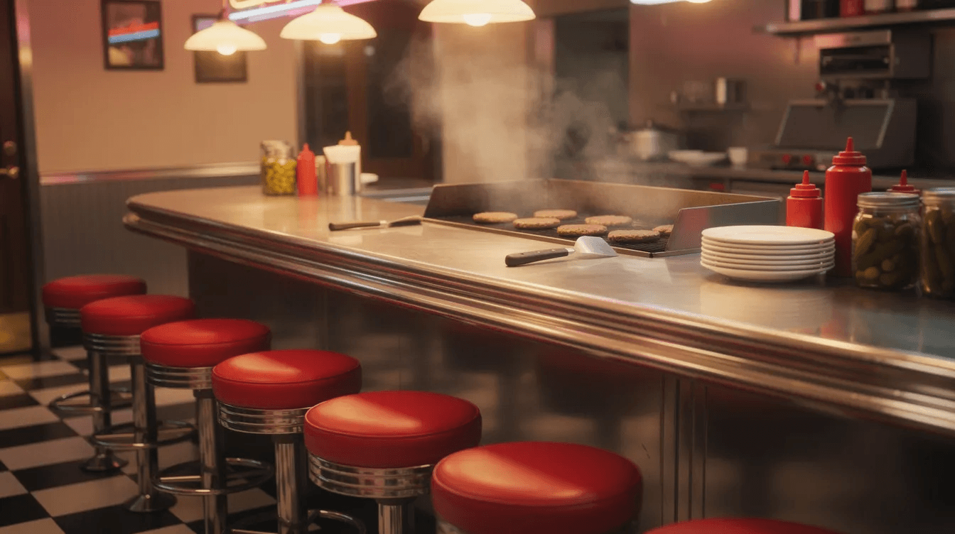The image depicts a nostalgic diner counter featuring bright red stools and a griddle sizzling with thin burger patties. This classic burger joint atmosphere evokes a sense of Americana, perfect for enjoying the best burger in New York, complete with toppings like cheddar cheese and grilled onions.