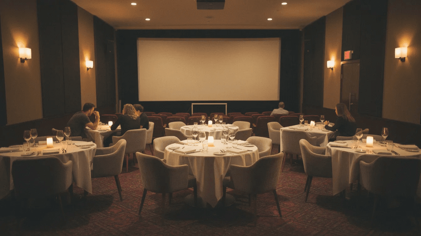 The image depicts a cozy cinema auditorium featuring dinner tables and warm lighting, creating an inviting atmosphere for moviegoers to enjoy a film experience. The setting suggests a blend of dining and entertainment, reminiscent of certain theaters in NYC where patrons can savor food and drinks while watching a flick.