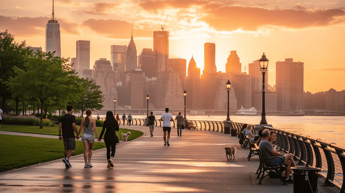The image depicts the Brooklyn waterfront park at sunset, with the stunning Manhattan skyline in the background, as people stroll along the promenade. This vibrant scene highlights the beauty of New York City, showcasing its iconic skyline and inviting atmosphere for visitors exploring the best neighborhoods.