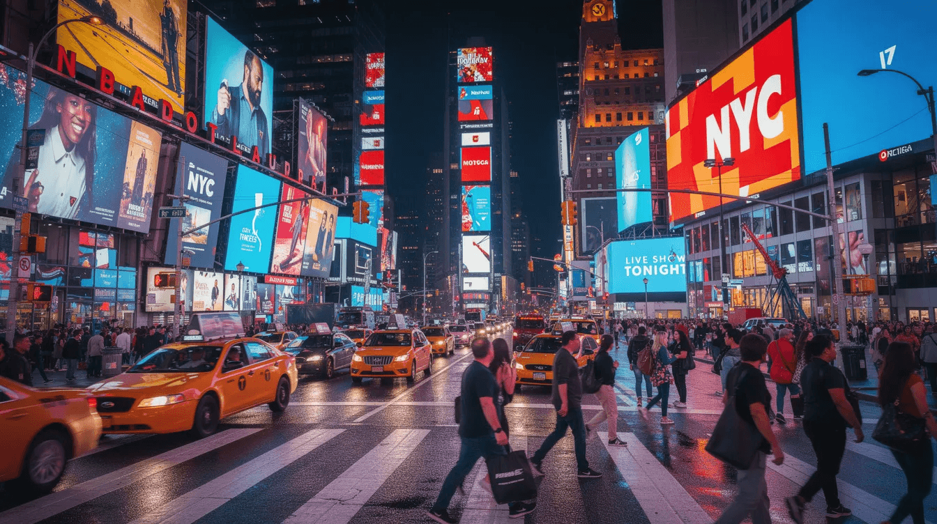 The image captures the vibrant atmosphere of Times Square at night, illuminated by bright billboards and bustling with crowds of pedestrians and iconic yellow taxis. This central location in New York City is known for its popular tourist attractions and is a great spot for visitors looking to experience the energy of Midtown Manhattan.