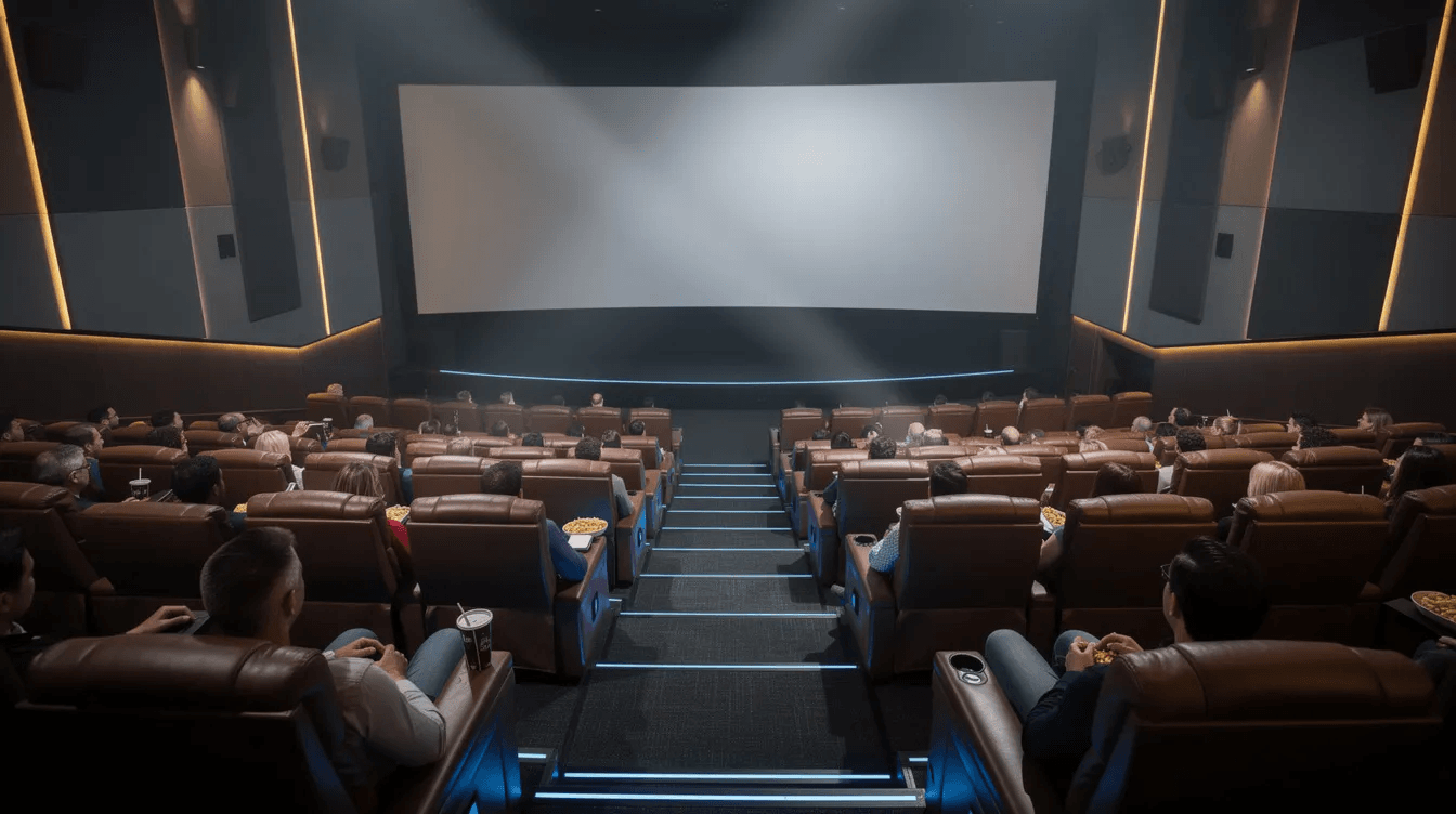 The image shows an audience seated in a large premium cinema auditorium, featuring plush rockers and a spacious layout typical of the best movie theaters in New York, such as AMC Lincoln Square and Angelika Film Center. The atmosphere is filled with anticipation as viewers prepare to enjoy a film on the impressive IMAX screen.