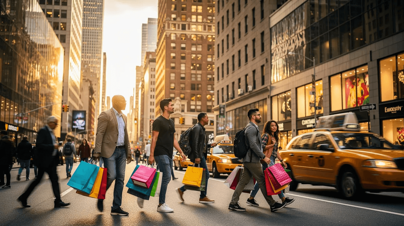 A bustling New York street scene features shoppers carrying bags as they navigate past tall buildings, embodying the vibrant atmosphere of Midtown Manhattan. The image captures the essence of retail therapy, with upscale shoppers enjoying the luxury shopping experience that the city is renowned for, surrounded by iconic landmarks and shopping malls.