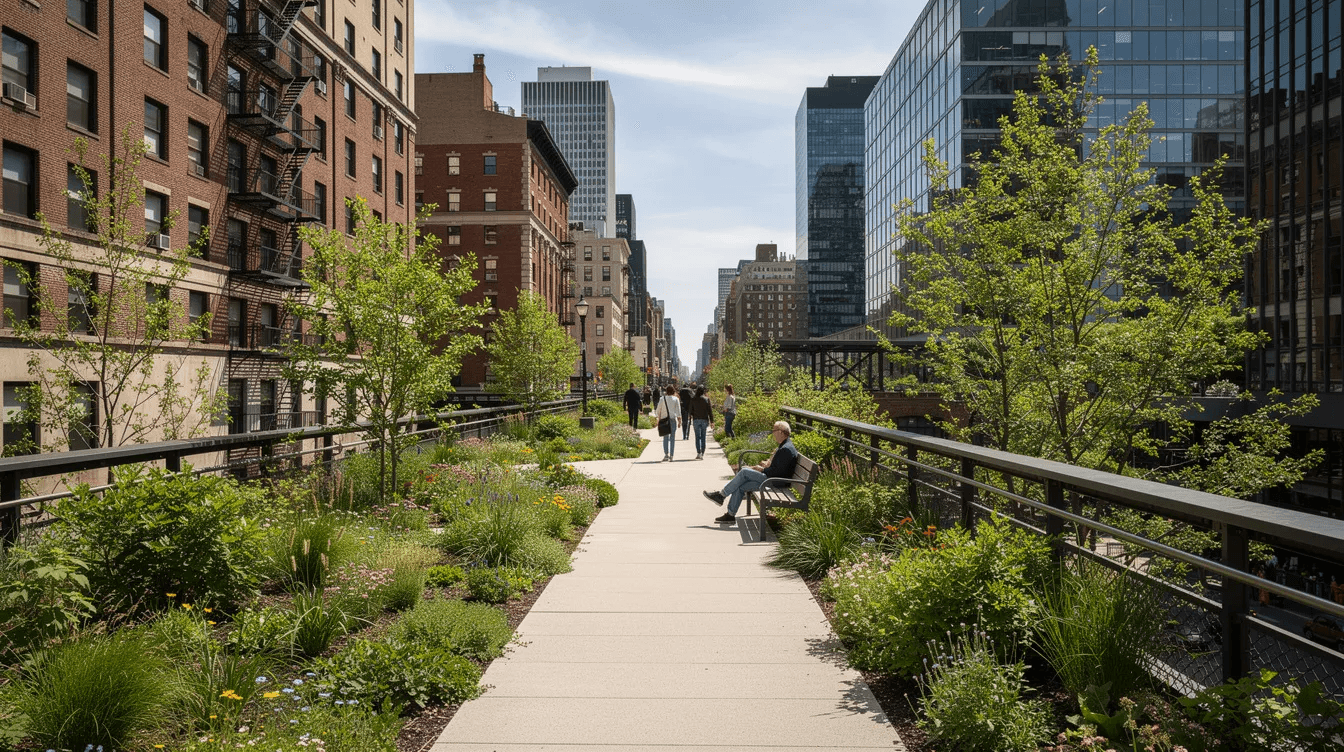 The image depicts the High Line, an elevated park in New York City, featuring lush plants and walking paths where people leisurely stroll, surrounded by modern buildings on either side. This unique green space offers a tranquil escape amidst the bustling atmosphere of Midtown Manhattan, making it a popular spot for both locals and tourists.
