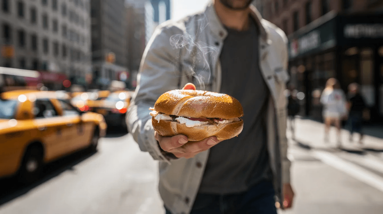 A person is walking along a bustling New York street, holding a warm bagel sandwich filled with cream cheese. The scene captures the vibrant atmosphere of the city, showcasing the love for the best bagels, including classic varieties like the everything bagel or a plain bagel with scallion cream cheese.
