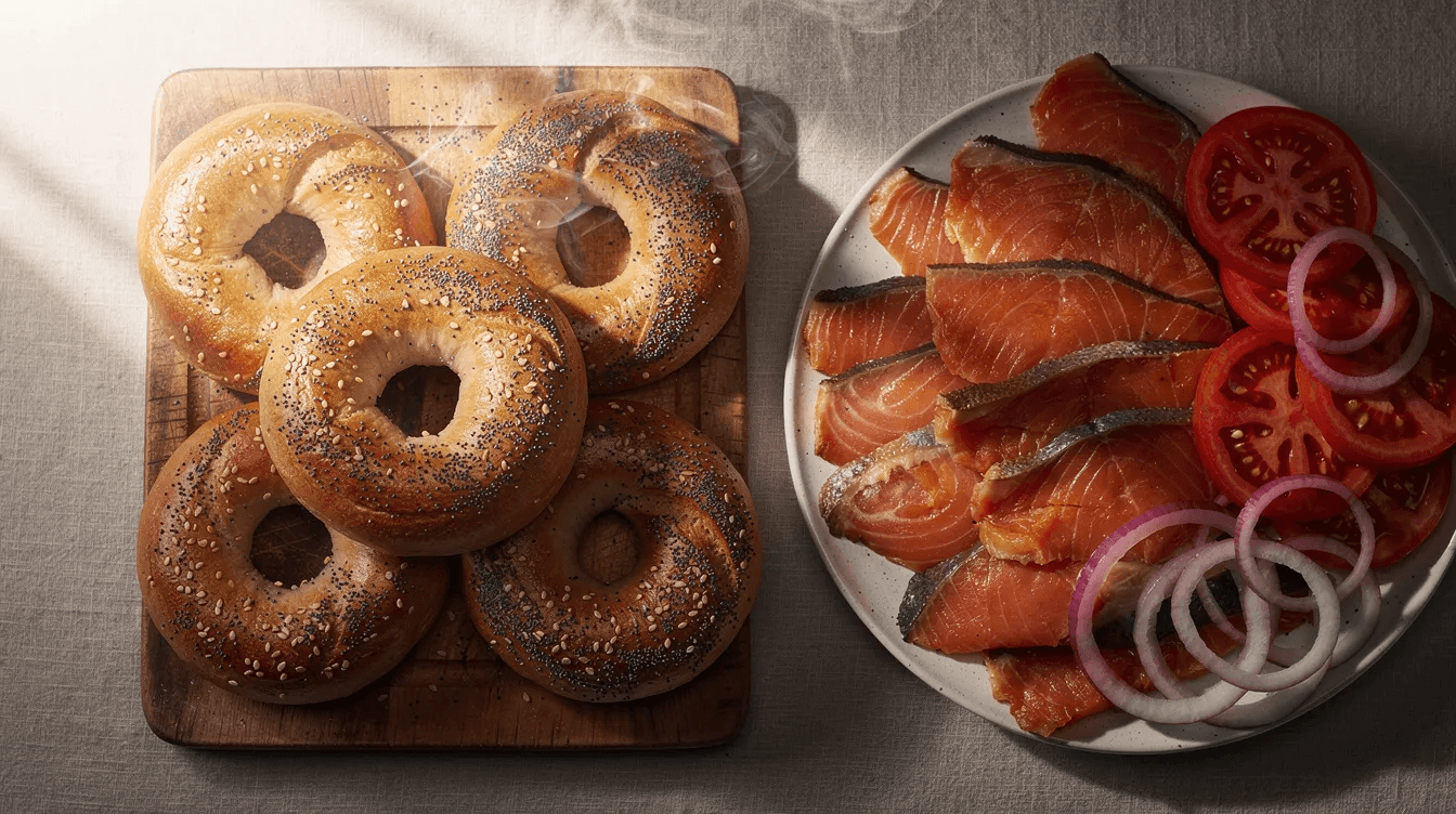 A selection of wood-fired bagels, including a classic plain bagel and an everything bagel, is beautifully arranged alongside smoked fish, sliced tomatoes, and red onions, perfect for a delicious breakfast or brunch at a bagel shop in New York City. The display highlights the best bagels, inviting you to enjoy them with cream cheese or as part of a savory sandwich.