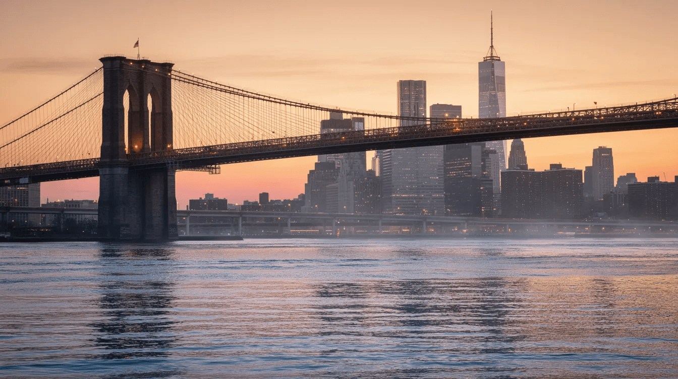 The image depicts the Brooklyn Bridge illuminated by the warm hues of sunset, with the Manhattan skyline in the background showcasing iconic buildings like the Empire State Building. The water reflects these stunning views, creating a picturesque scene that captures the essence of New York City.