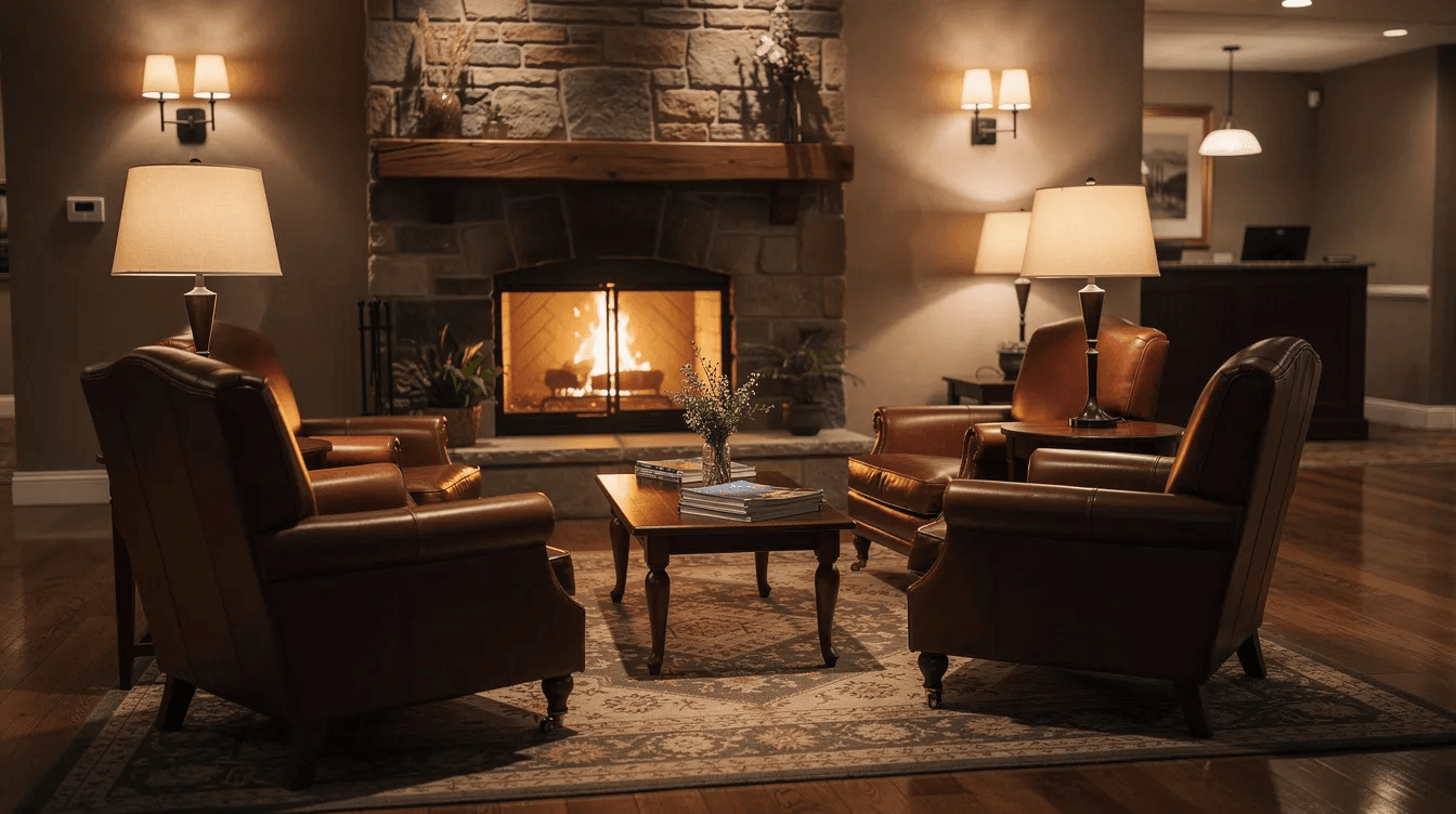 The image depicts a cozy hotel lobby featuring plush leather chairs, a warm fireplace, and inviting lighting, creating an atmosphere of understated elegance. This boutique hotel space is designed for hotel guests to relax and enjoy a luxurious experience in the heart of New York City.