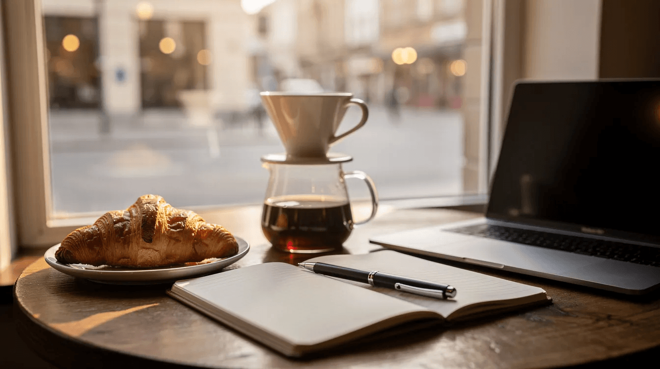 A cozy cafe scene features a small table by a window, showcasing a pour-over coffee, a flaky croissant, an open notebook, and a laptop, perfect for enjoying a good cup of coffee while people watching in one of New York's favorite coffee shops. The warm ambiance invites you to relax and savor the specialty drinks available at this charming coffee bar.