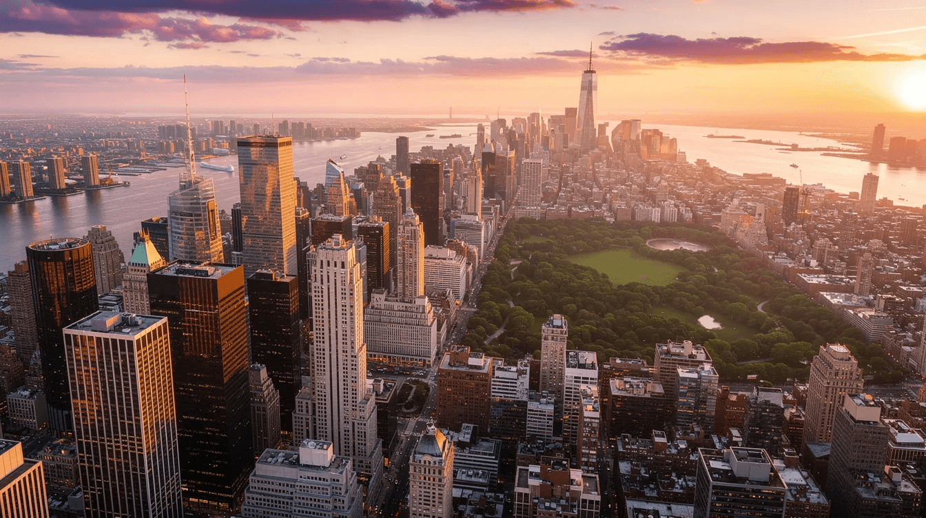 An aerial view of the Manhattan skyline at sunset showcases the stunning silhouettes of skyscrapers, including the iconic Empire State Building, with the lush greenery of Central Park prominently visible. This vibrant scene highlights the beauty of New York City, a perfect backdrop for guests seeking luxury hotels and boutique accommodations in the heart of Midtown Manhattan.
