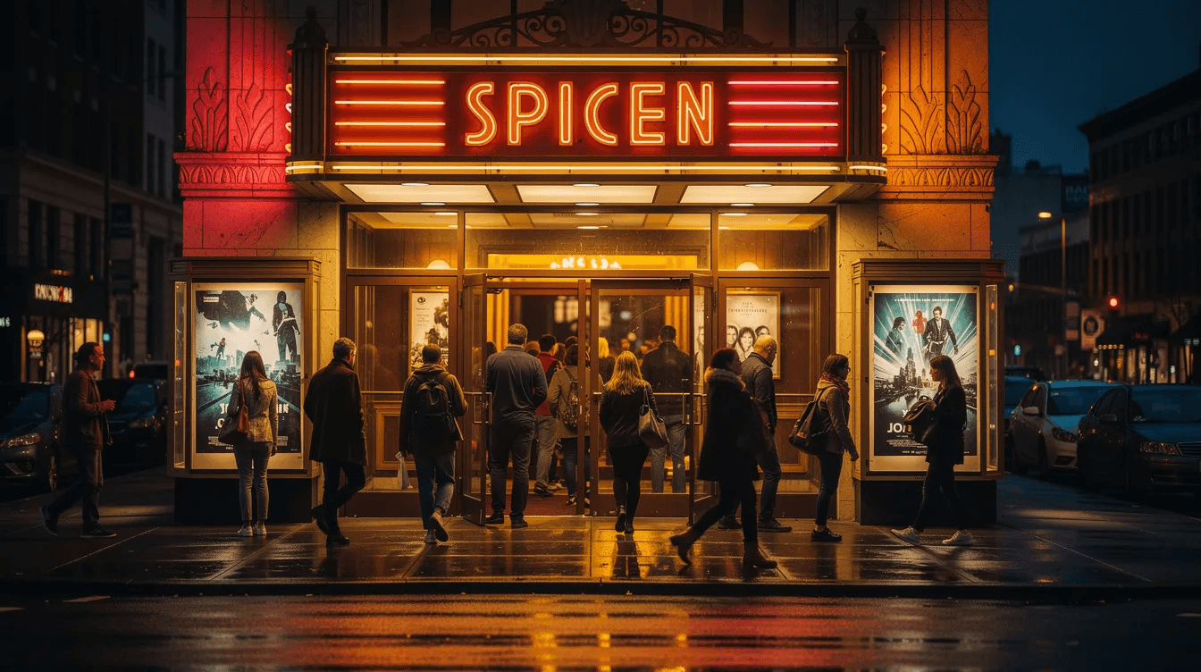 A bustling scene of people entering a classic urban cinema at night, with a bright marquee illuminating the entrance. The crowd, excited for their movie experience, walks past the concession stand filled with popcorn and drinks, ready to enjoy the latest film in this vibrant city.