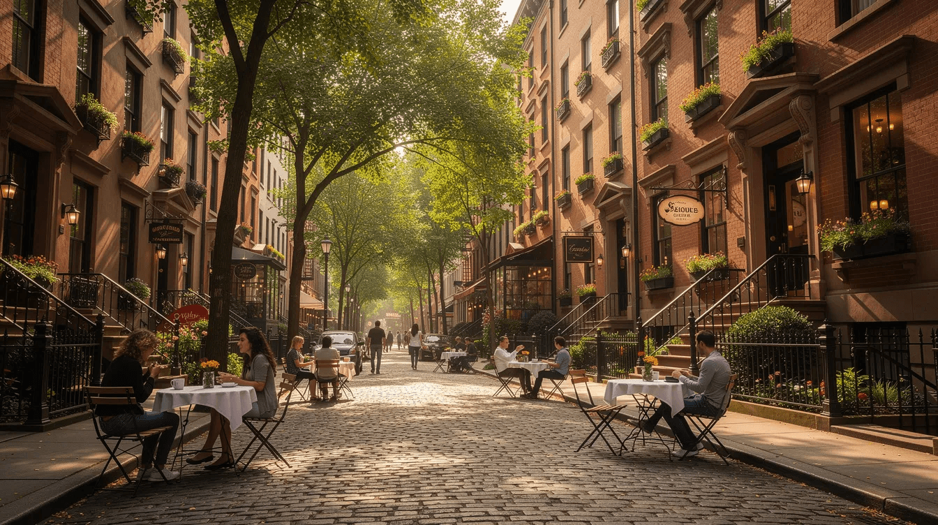The image depicts a charming tree-lined cobblestone street featuring historic brownstone buildings and quaint cafes with outdoor seating, creating a picturesque scene typical of New York City. This vibrant setting is reminiscent of the West Village, offering visitors a taste of the city's unique atmosphere with easy access to popular tourist attractions.