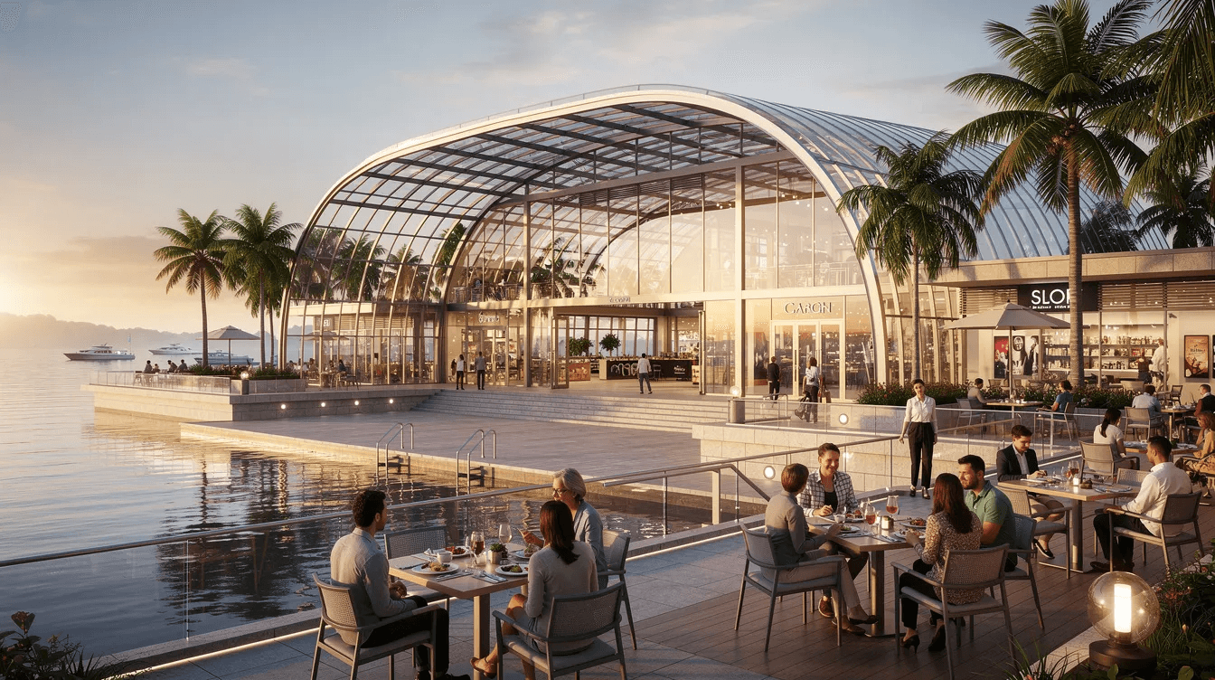 The image depicts a vibrant glass-vaulted waterfront shopping pavilion filled with palm trees, where upscale shoppers enjoy fine dining at various onsite restaurants. This luxurious shopping mall atmosphere invites visitors to experience retail therapy while surrounded by the beauty of Manhattan's waterfront.