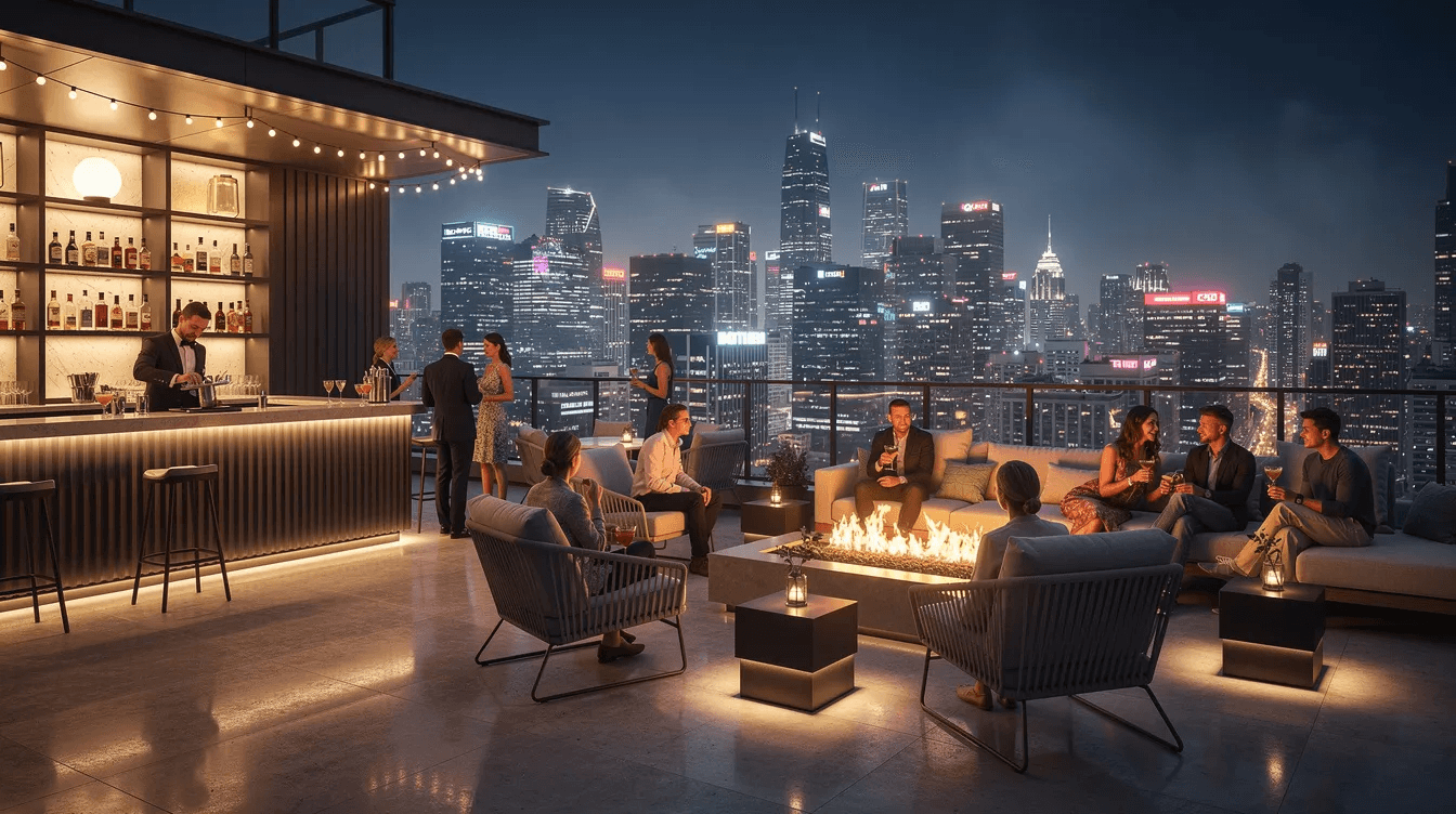 A modern rooftop bar at night offers a vibrant atmosphere with city lights twinkling in the background, showcasing spectacular views of Manhattan. Guests enjoy outdoor seating, creating a perfect setting for socializing while surrounded by the iconic skyline, including the Empire State Building.