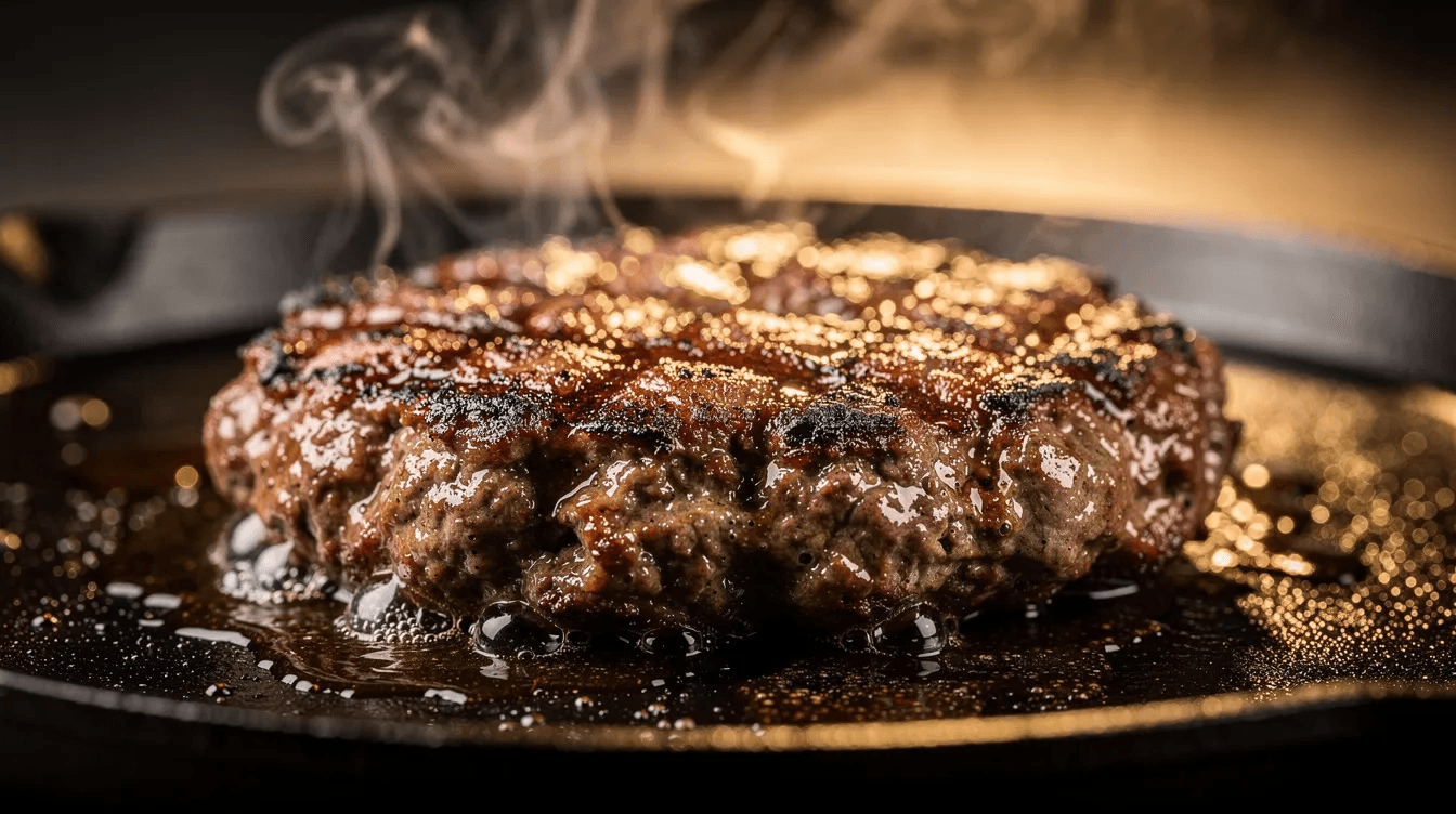 A close-up view of a sizzling thick burger patty on a hot cast iron surface, with steam rising, showcases the juicy meat that is perfectly cooked to medium rare. This mouthwatering scene captures the essence of the best burger experience, reminiscent of popular burger joints in New York like Red Hook Tavern and Gramercy Tavern.