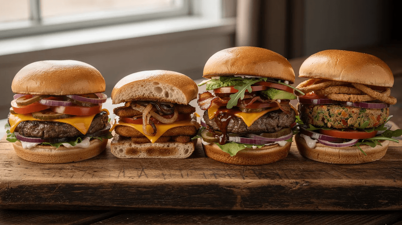 A wooden board showcases various burger styles, featuring different patty thicknesses and an array of toppings like cheddar cheese, grilled onions, and fresh lettuce. This enticing display highlights the diversity of burgers found in New York's best burger joints, perfect for any food lover seeking a delicious meal.